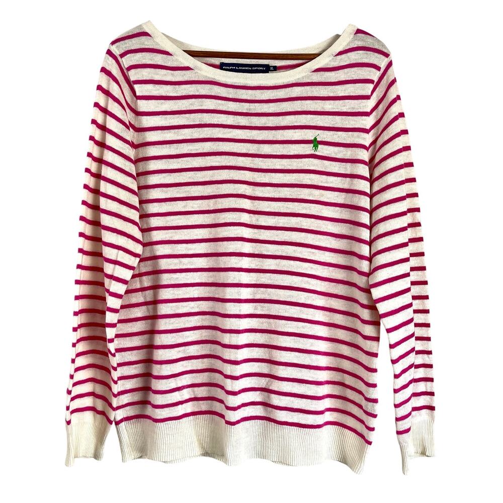 Ralph Lauren Pink White Striped Boat Neck Cotton Linen Sweater XL Pony Logo